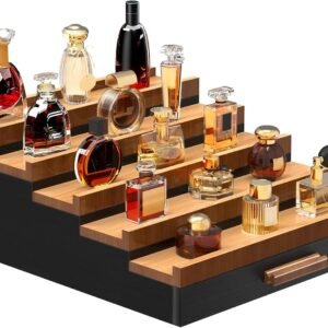 Zalida Wooden Cologne Organizer for Men 5 Tier of Perfume Display Holder of Drawer & 2 Hidden Compartments Larger Storage Space Mens Perfume Organizer Shelf Stand,Gift for Man (5T-Black Walnut)